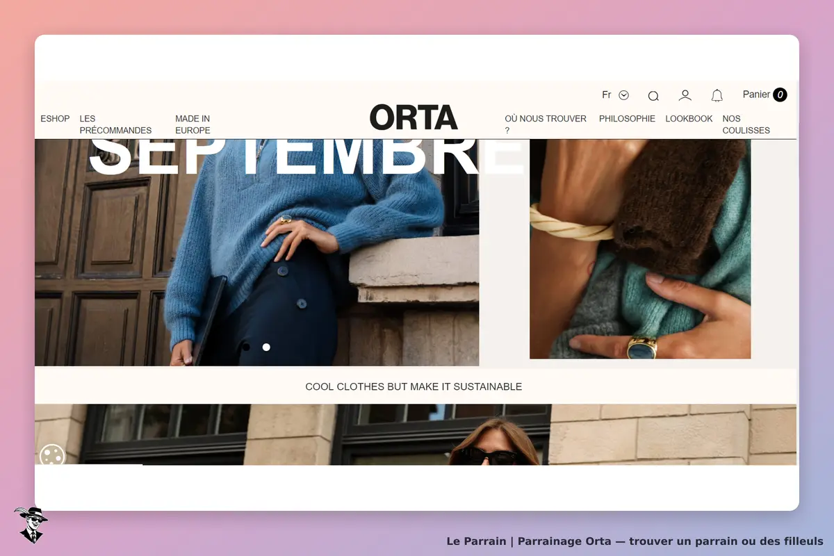 Orta : page d'accueil présentant des vêtements et un slogan sur la durabilité