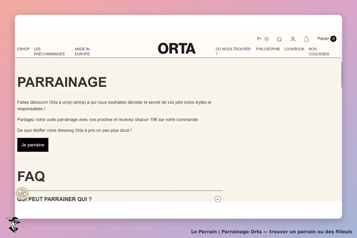 Orta : page de parrainage avec un bouton "Je parraine" et des informations sur le programme