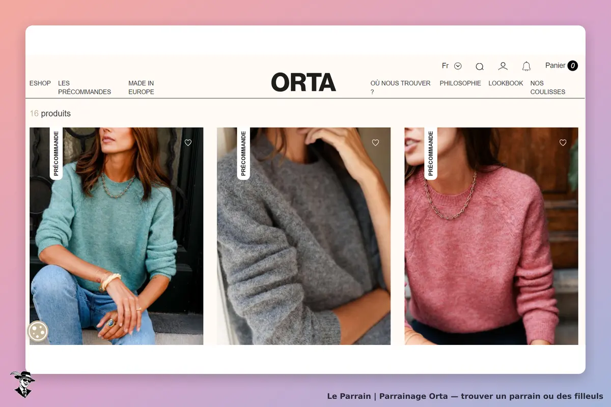 Orta : trois pulls colorés portés par des modèles, avec des étiquettes "précommande"