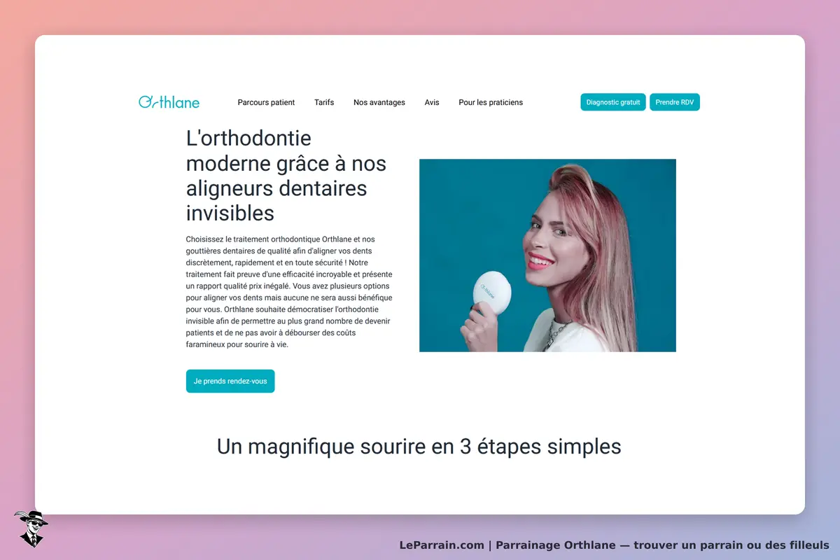 Orthlane : page d'accueil présentant des aligneurs dentaires et une femme souriante avec un