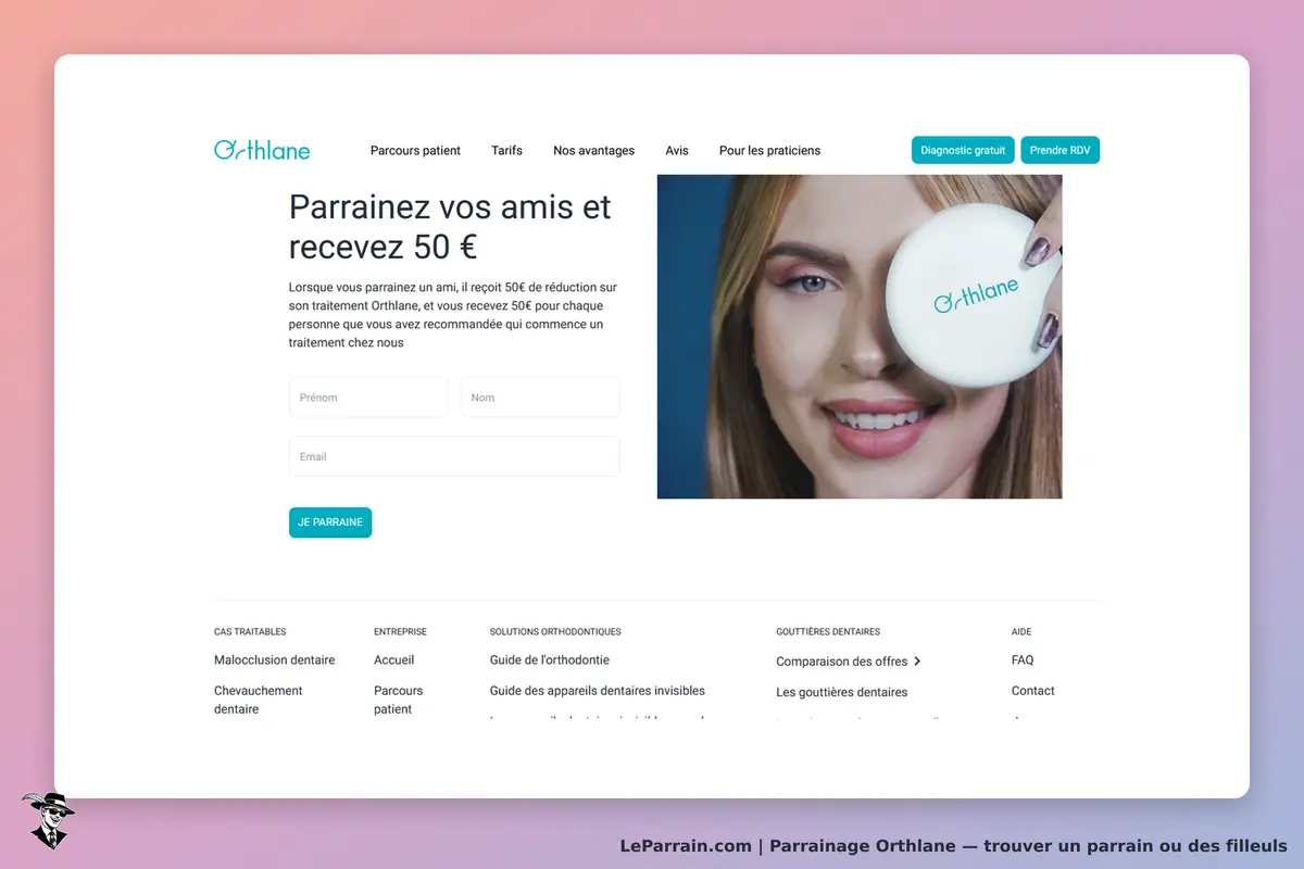 Orthlane : page d'accueil avec formulaire de parrainage et image d'une femme souriante