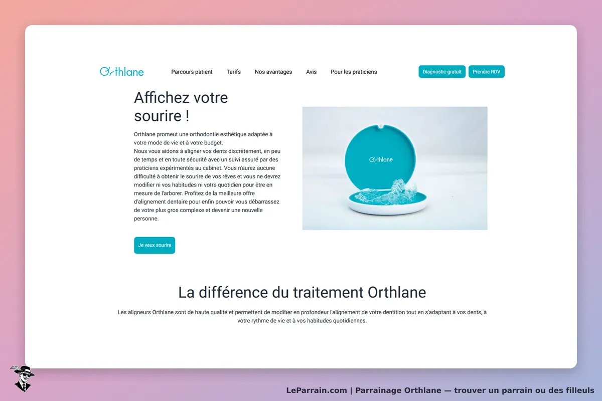 Orthlane : page d'accueil présentant des aligneurs dentaires et un message d'accueil