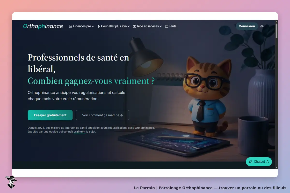 Orthophinance : page d'accueil avec un chat en 3D et un formulaire pour les professionnels de santé