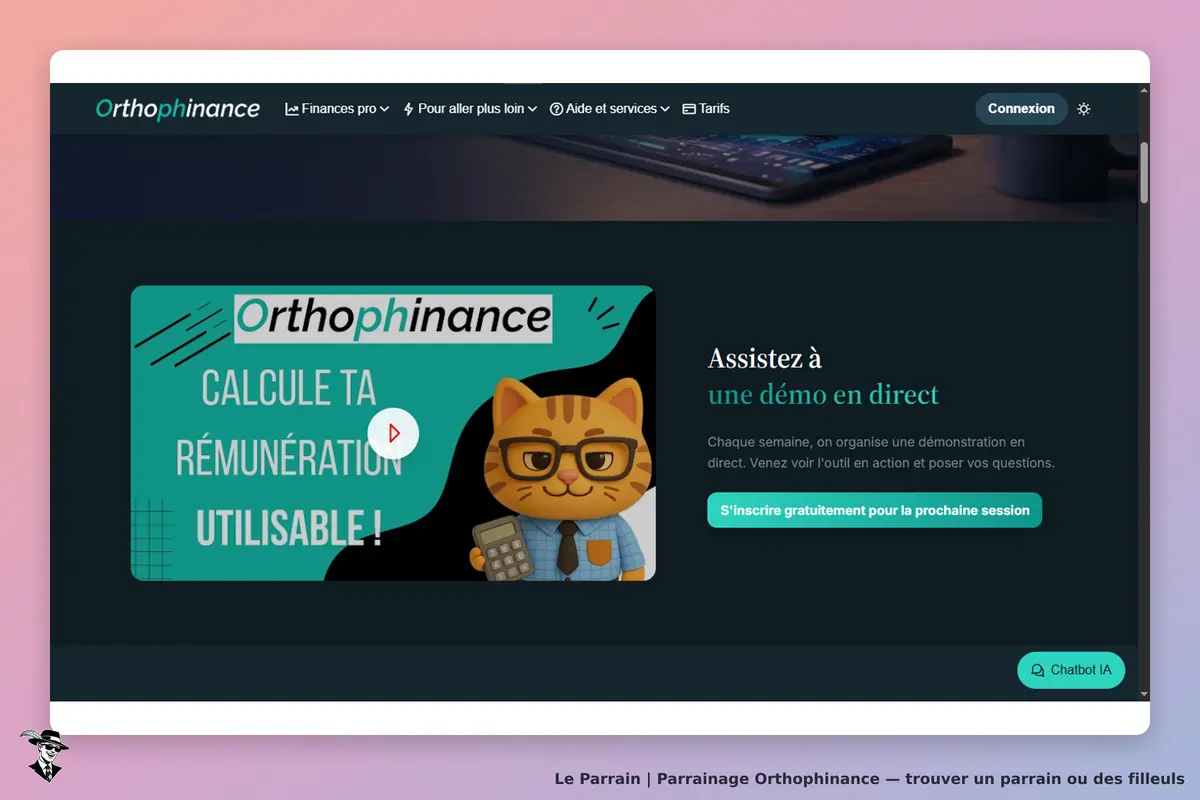 Orthophinance : page d'accueil avec un chat animé et une invitation à une démonstration en direct