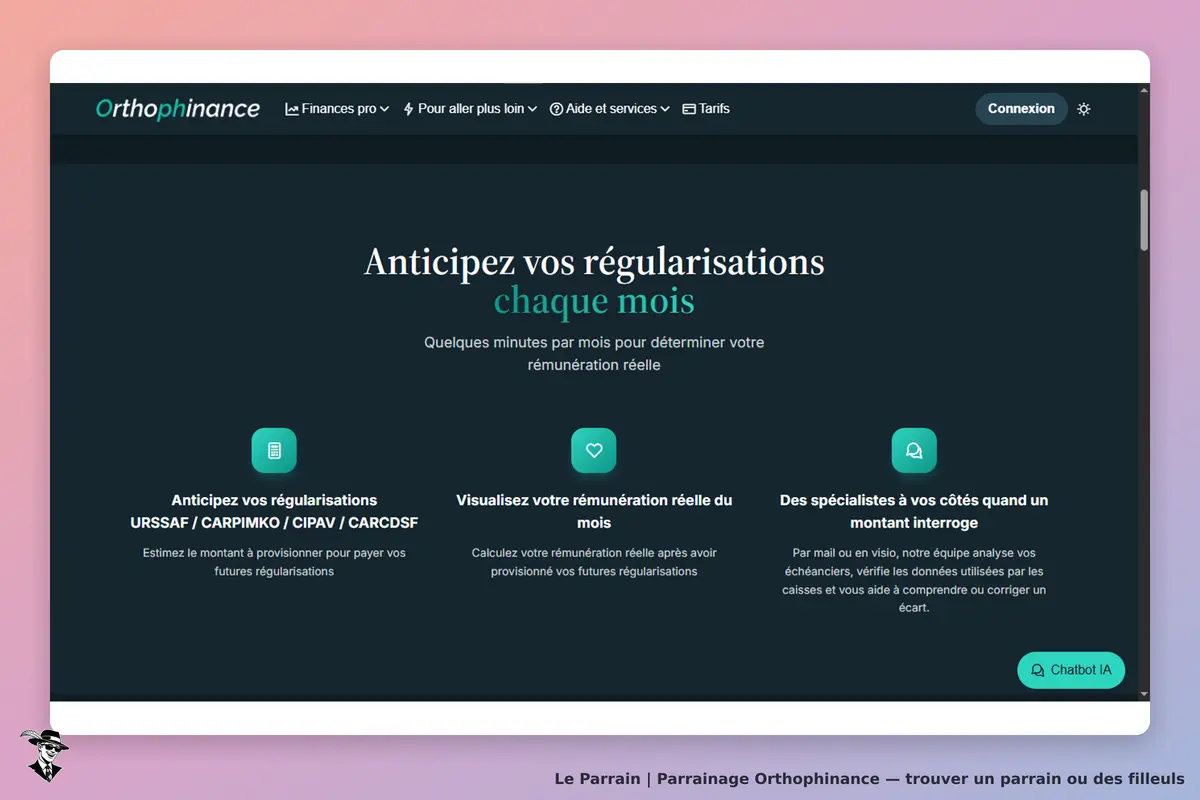 Orthophinance : page d'accueil avec un message sur l'anticipation des régularisations mensuelles
