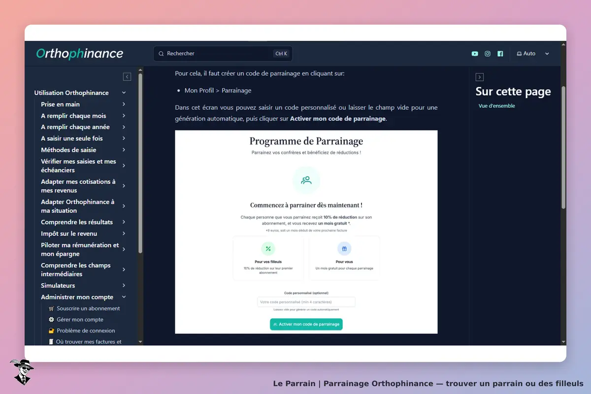 Orthophinance : page du programme de parrainage avec options de code et avantages affichés