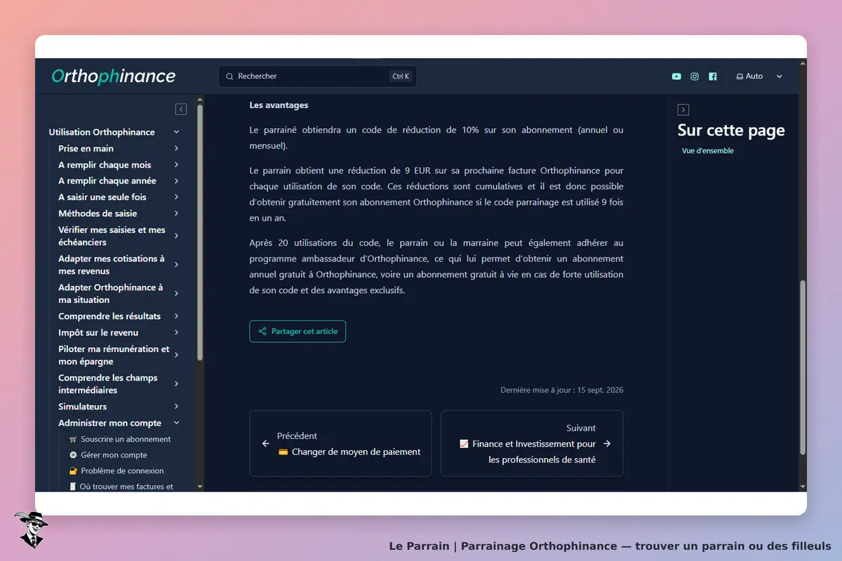 Orthophinance : page d'accueil avec avantages du parrainage et menu de navigation à gauche