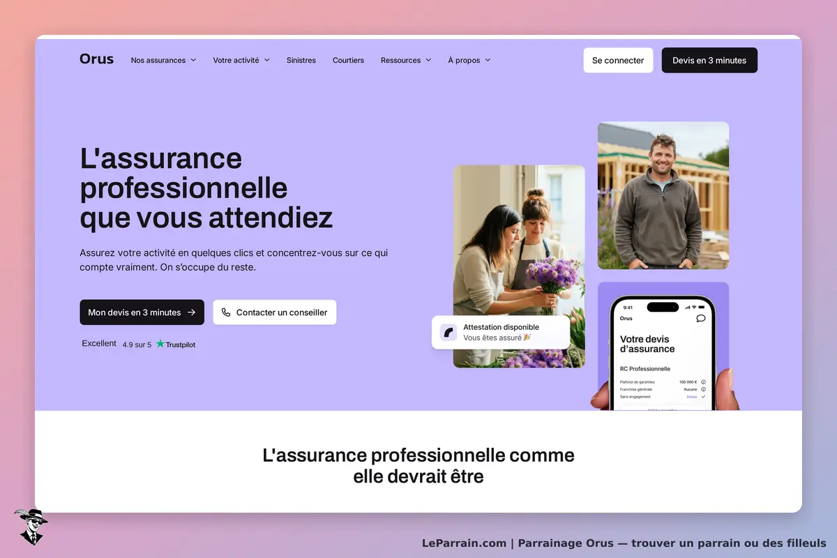 Orus : page d'accueil avec texte sur l'assurance professionnelle et images de personnes