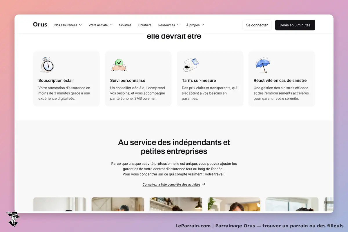 Orus : page d'accueil avec services d'assurance et accompagnement pour indépendants