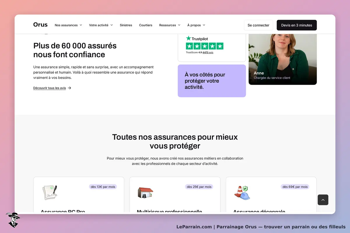 Orus : page d'accueil avec témoignages, services d'assurance et portrait d'une chargée de client
