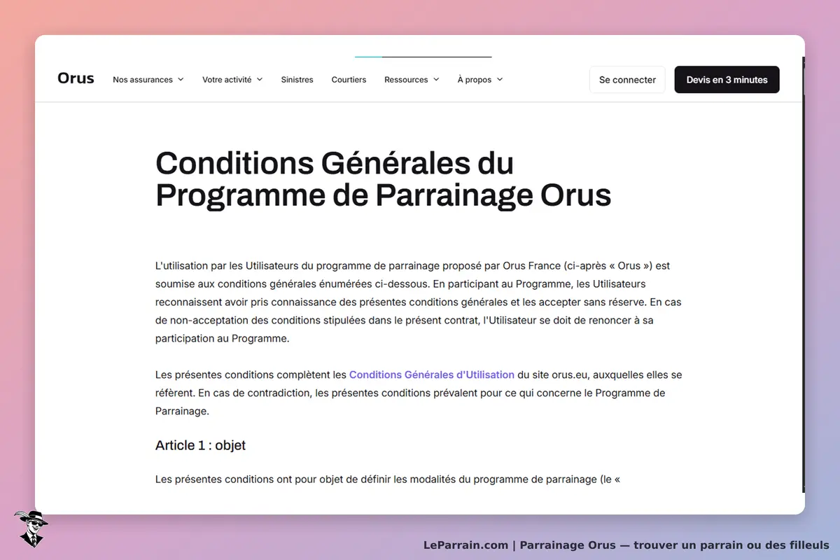 Orus : conditions générales du programme de parrainage affichées sur la page d'accueil
