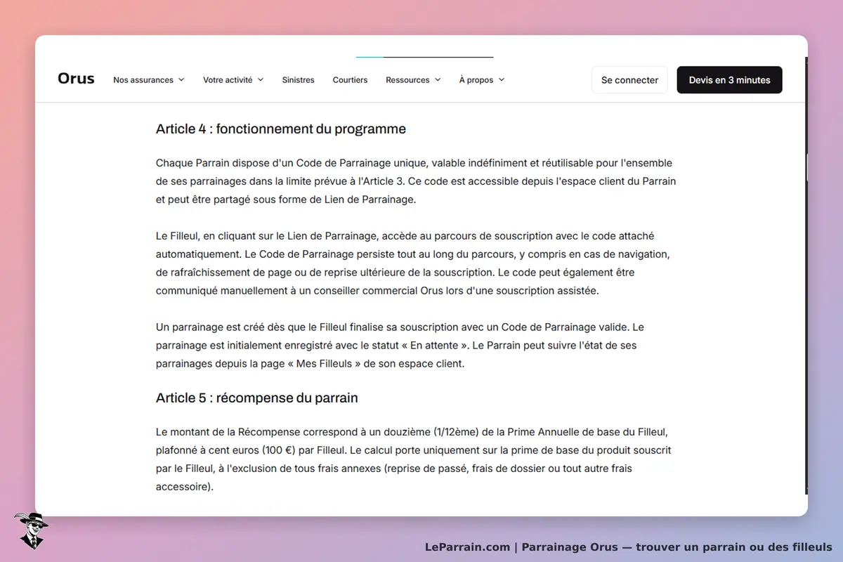 Orus : texte explicatif sur le fonctionnement du programme de parrainage et ses récompenses