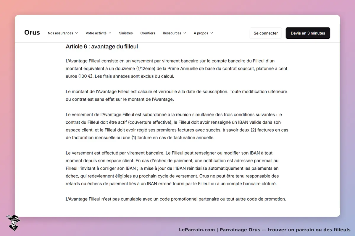 Orus : texte explicatif sur l'avantage du filleul et conditions de versement