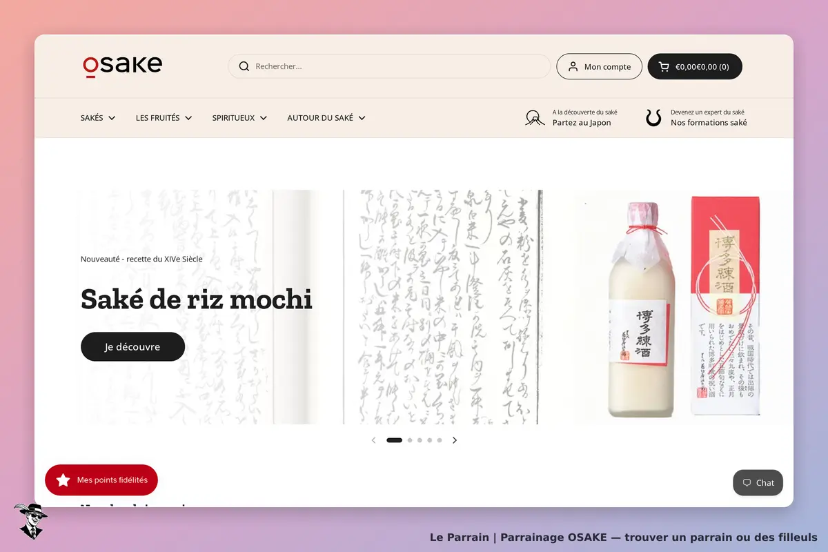 OSAKE : page d'accueil avec un saké de riz mochi et des caractères japonais en arrière-plan