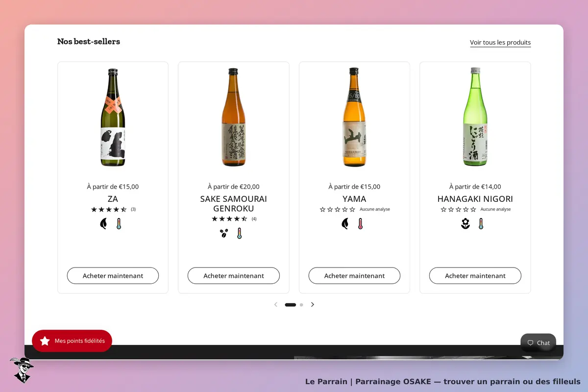 OSAKE : affichage des best-sellers avec quatre bouteilles de saké et options d'achat