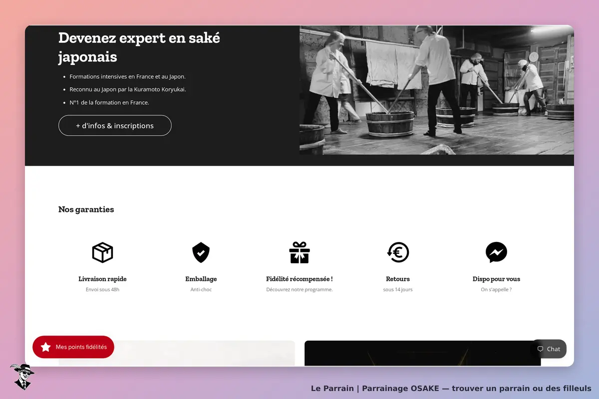 OSAKE : page d'accueil avec formation en saké et garanties de service, image en noir et blanc