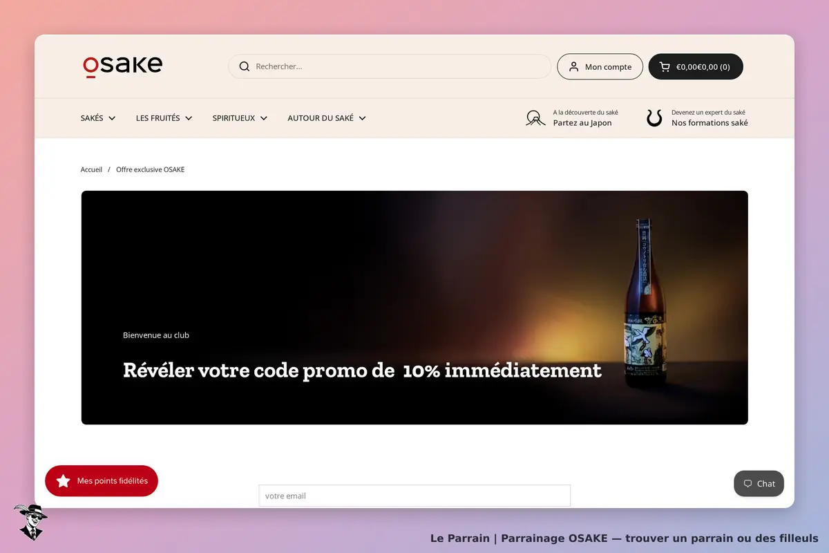 OSAKE : page d'accueil avec un message de bienvenue et une bouteille de saké affichée