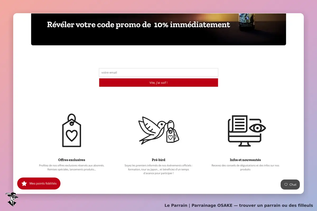 OSAKE : formulaire pour révéler un code promo, icônes d'offres et informations en bas de page