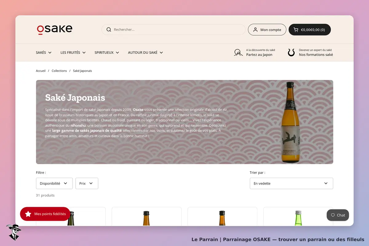 OSAKE : page d'accueil présentant la catégorie "Saké Japonais" avec produits et filtres