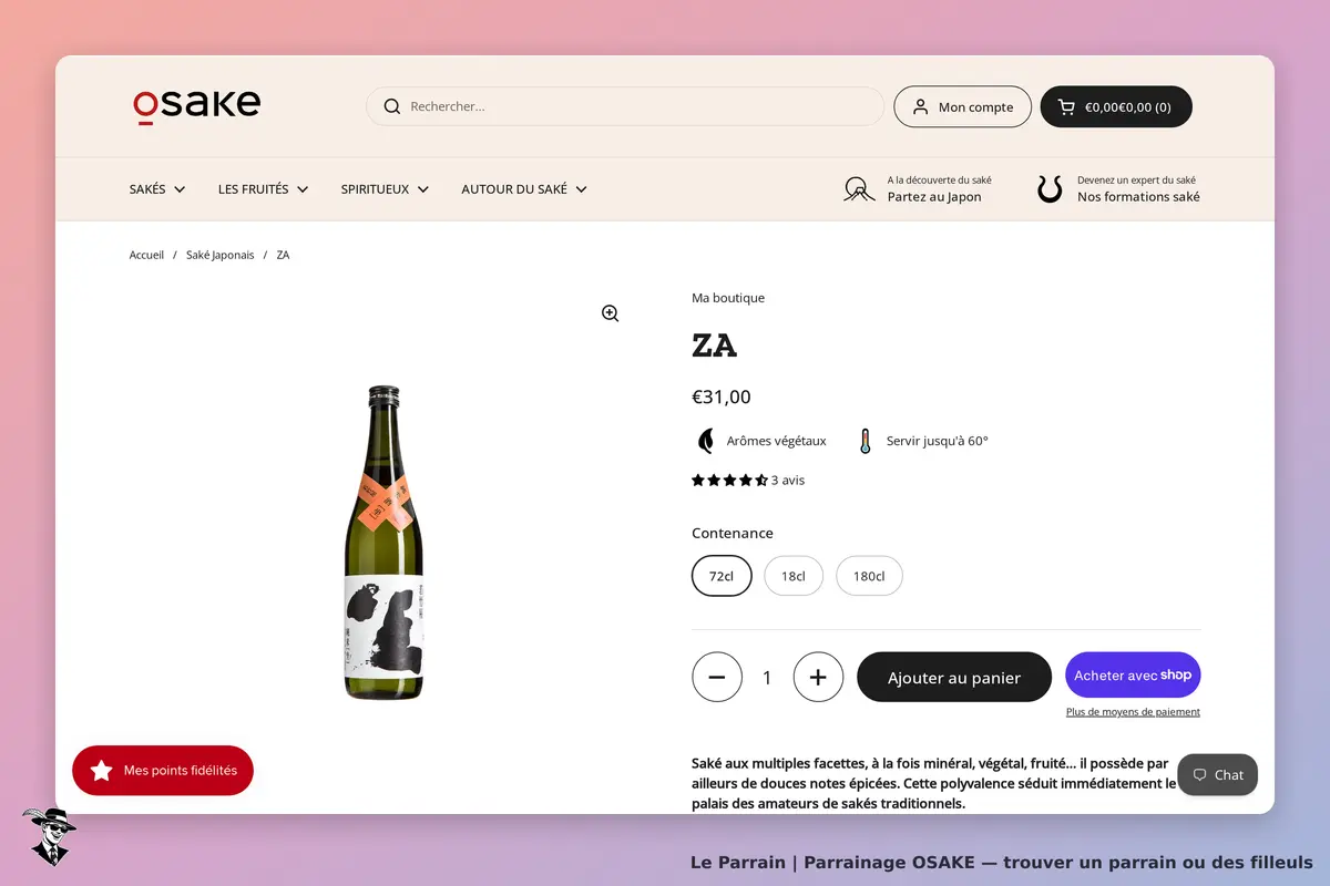 OSAKE : page produit affichant une bouteille de saké avec description et options de contenance