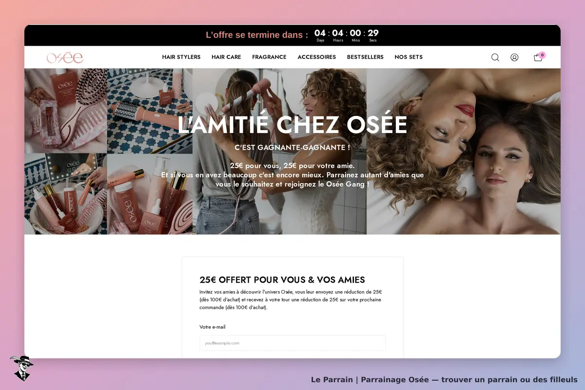 Osée : page d'accueil avec des produits de beauté et un formulaire de parrainage