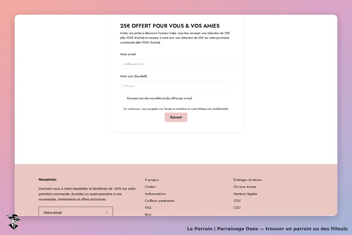 Osée : formulaire d'inscription pour une offre de réduction, champs e-mail et nom à remplir