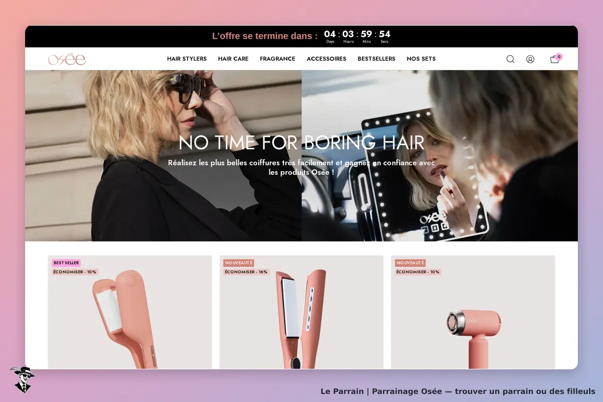 Osée : page d'accueil avec produits coiffure et modèle utilisant un miroir lumineux