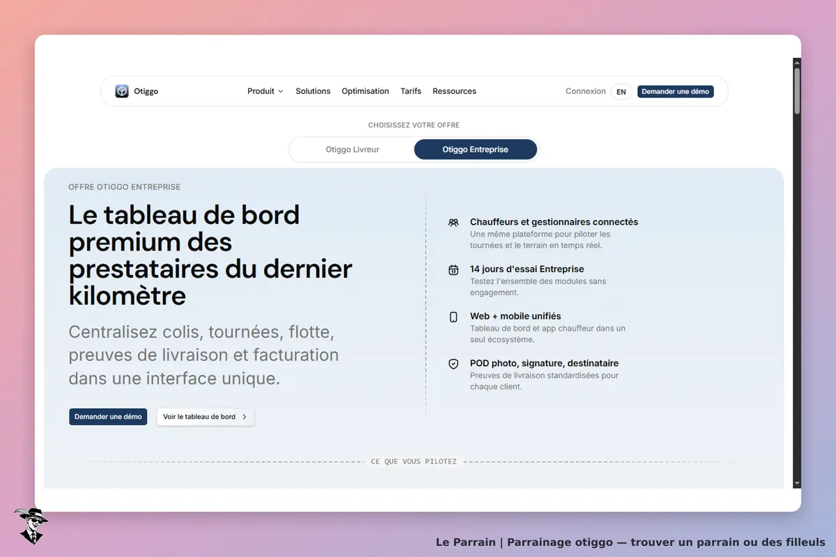 Otiggo : page d'accueil présentant l'offre Otiggo Entreprise et ses fonctionnalités principales