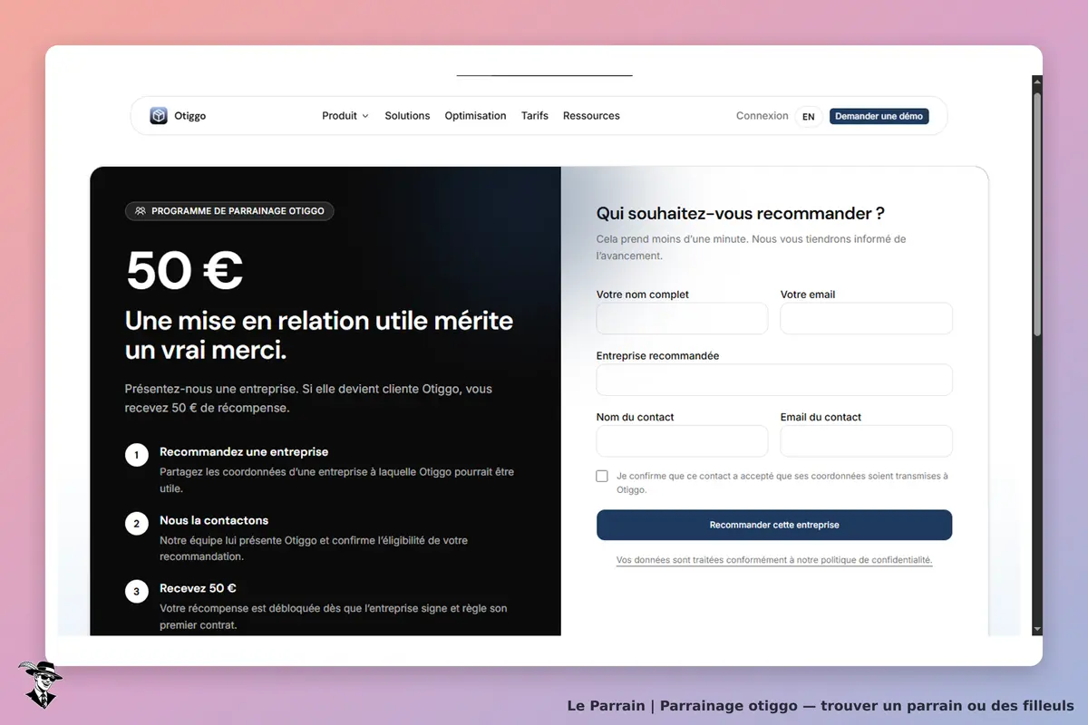 Otiggo : page d'accueil avec formulaire de recommandation d'entreprise et informations sur le