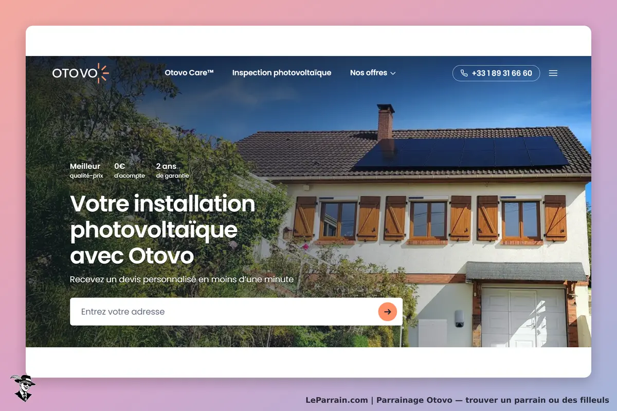 Otovo : page d'accueil avec une maison équipée de panneaux solaires et un formulaire d'adresse