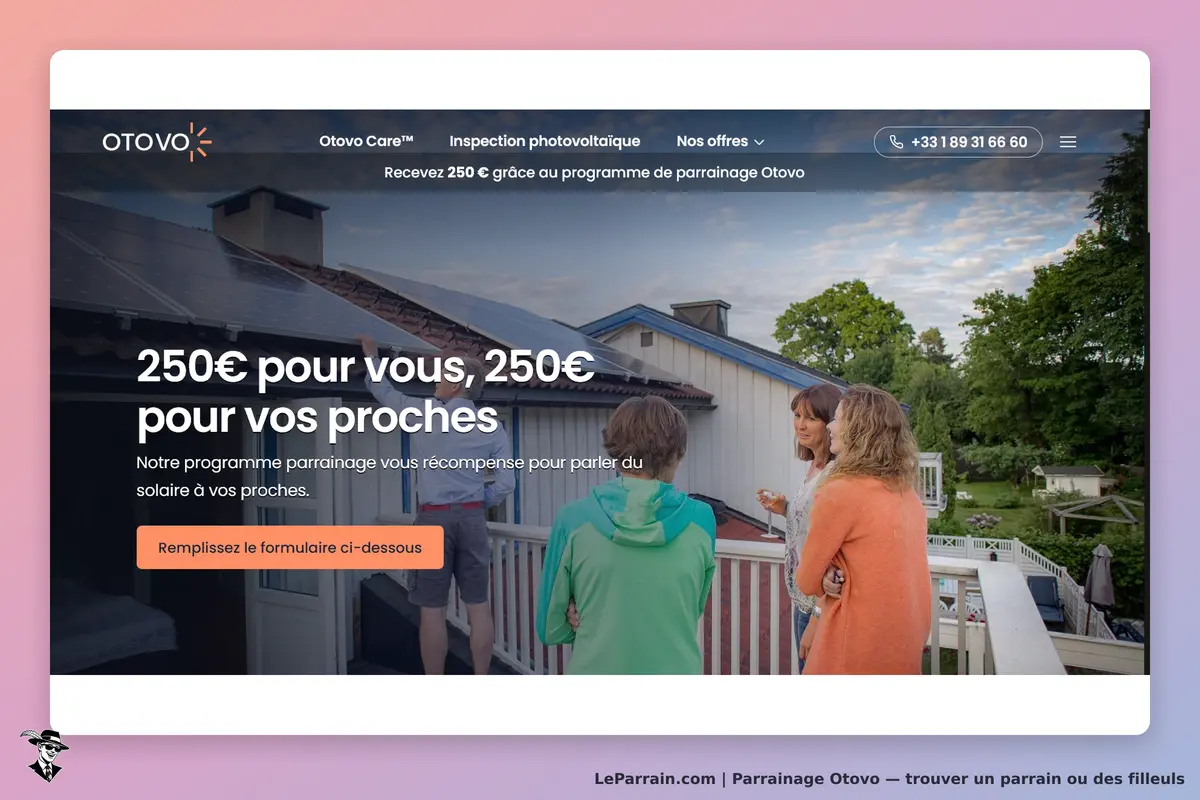 Otovo : page d'accueil avec des personnes discutant près de panneaux solaires sur un toit