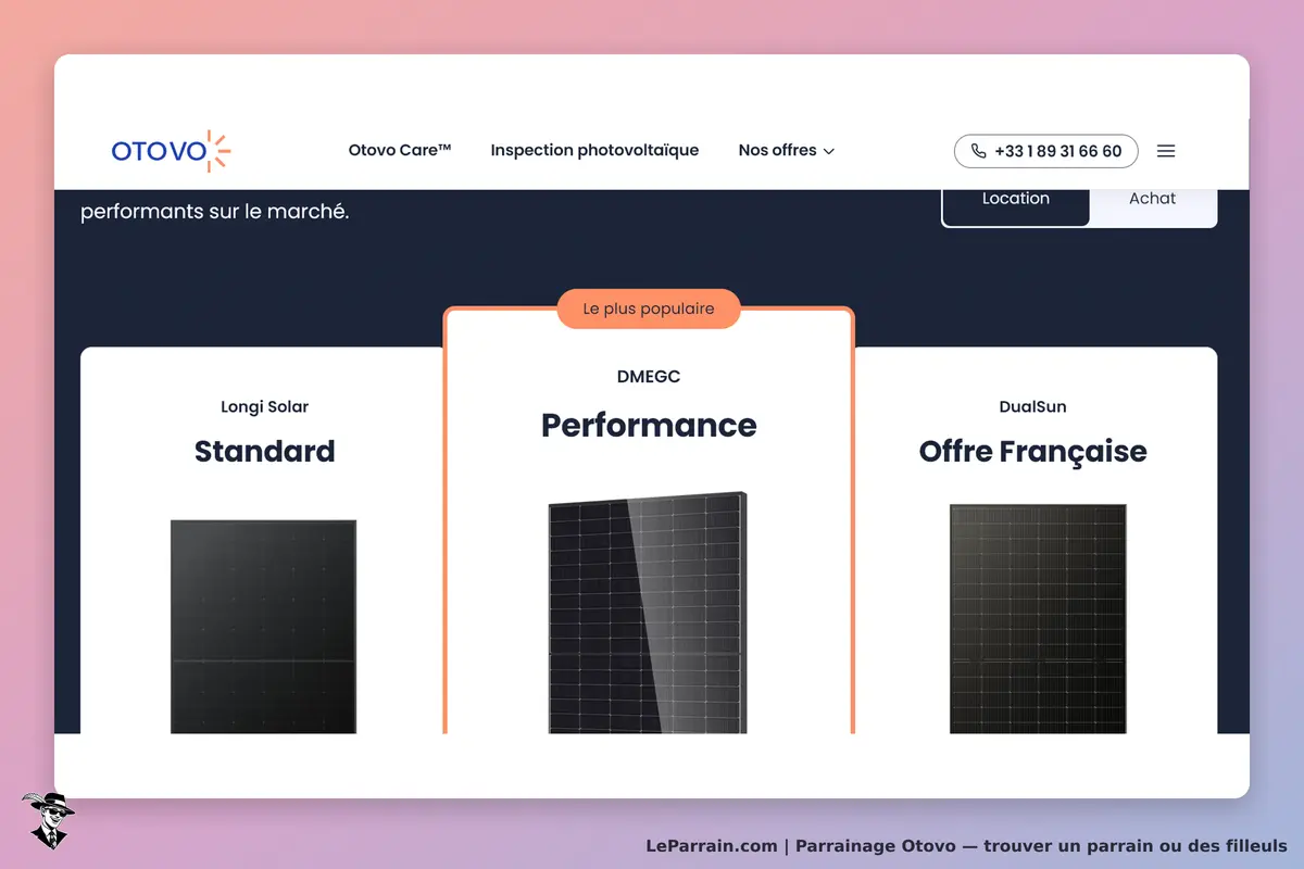 Otovo : page d'accueil présentant trois types de panneaux solaires avec leurs noms