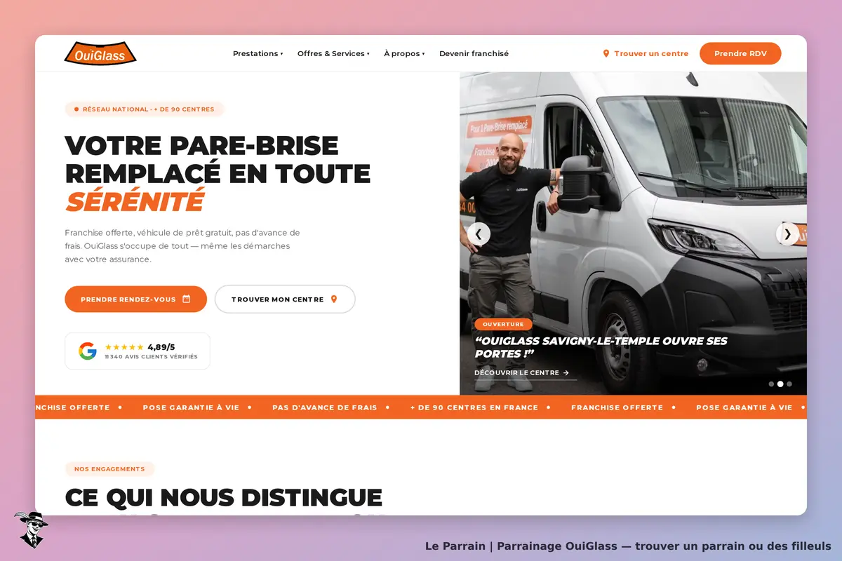 OuiGlass : page d'accueil avec un véhicule et un technicien, informations sur le service pare-brise