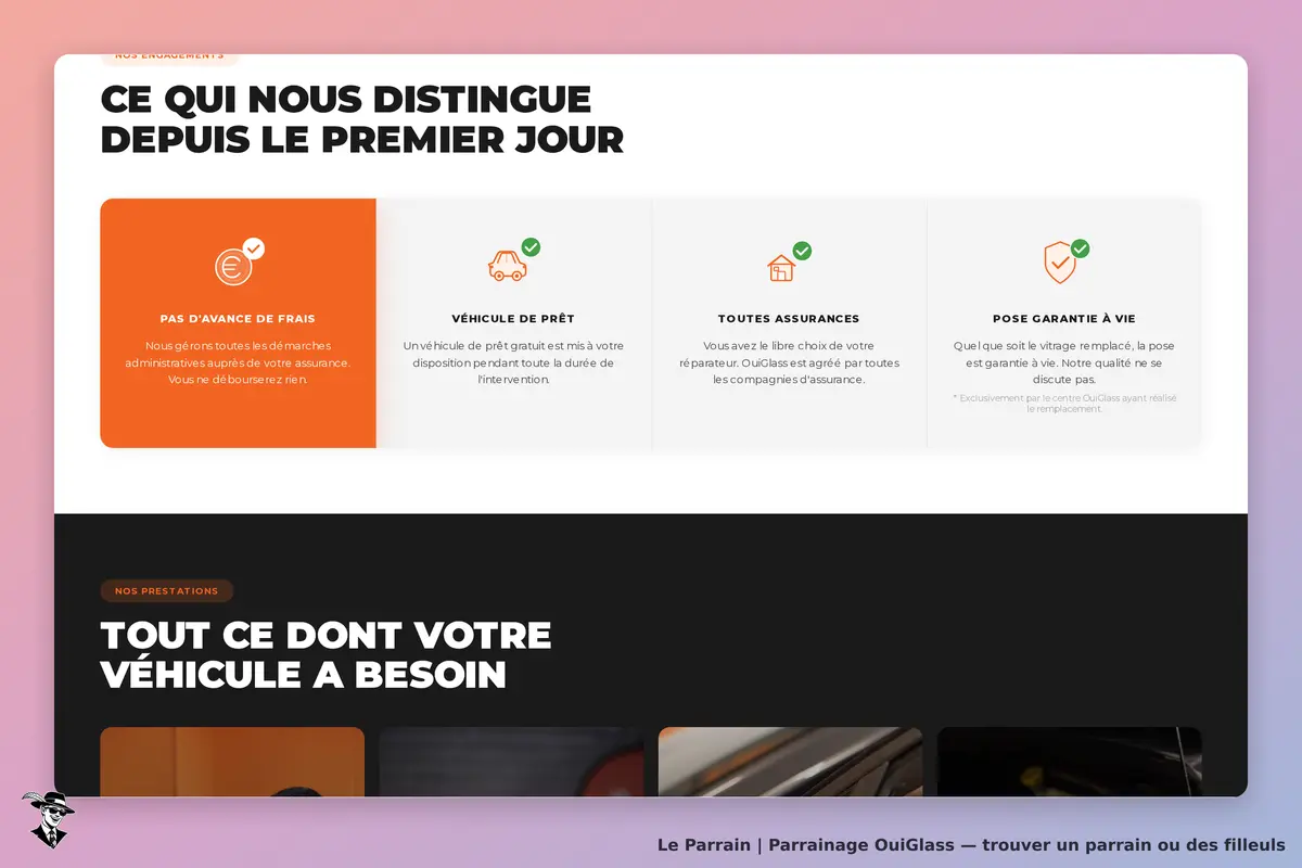 OuiGlass : engagement sans frais, véhicule de prêt, toutes assurances, pose garantie à vie