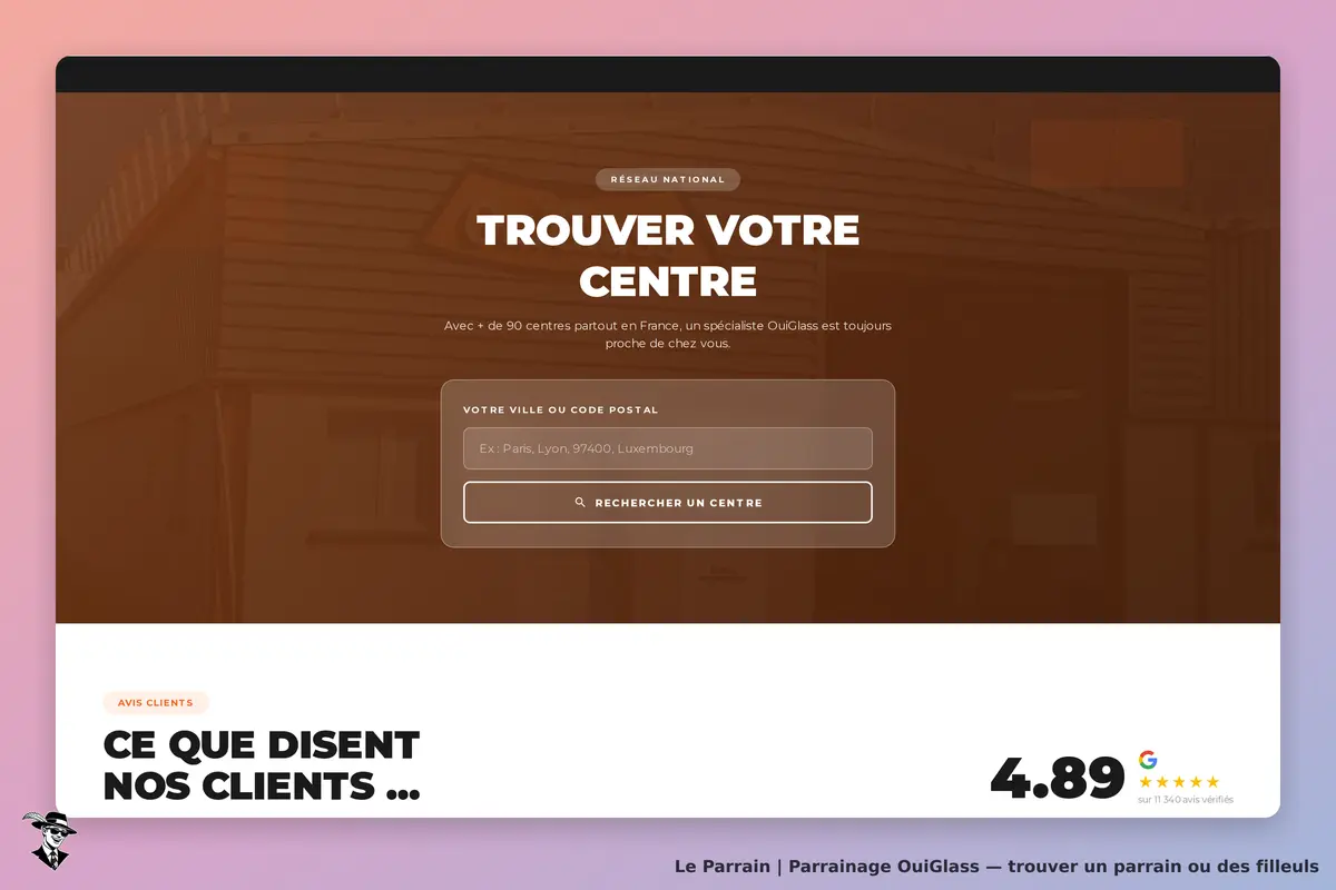 OuiGlass : page d'accueil avec formulaire de recherche de centres et avis clients affichés