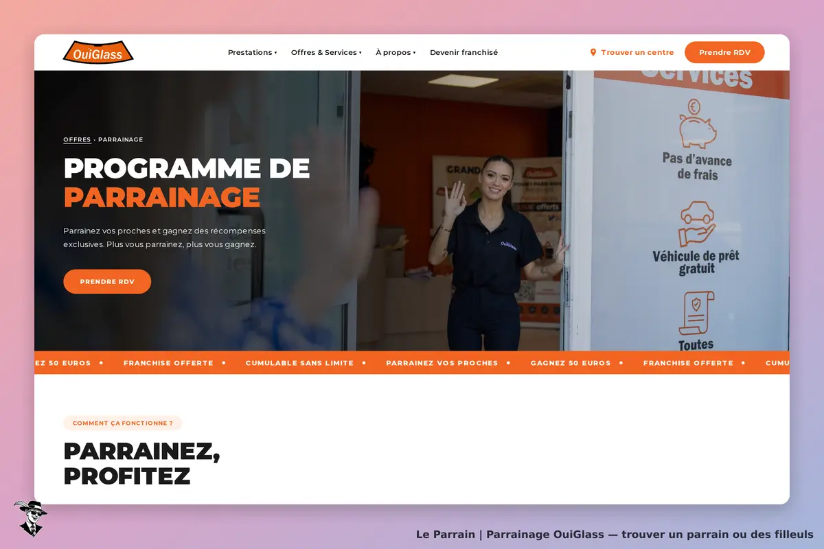 OuiGlass : page d'accueil avec un programme de parrainage et une personne souriante à l'entrée