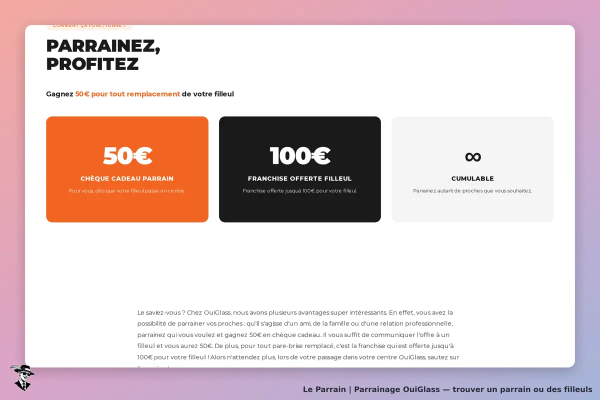 OuiGlass : section de parrainage avec trois offres distinctes sur fond clair