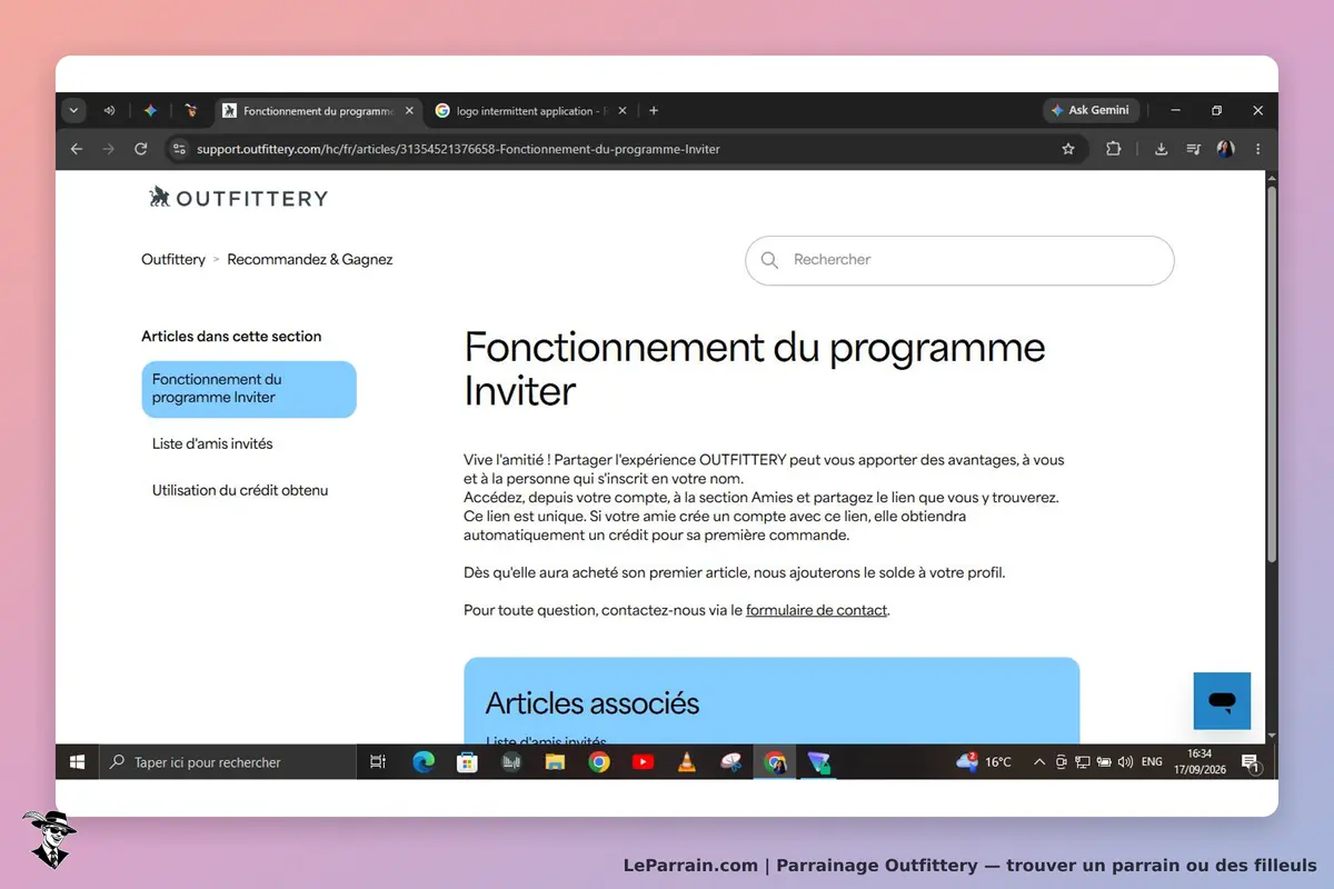 Outfittery : page d'aide sur le fonctionnement du programme d'invitation avec articles associés