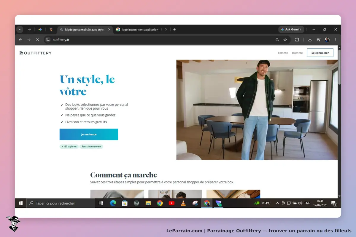 Outfittery : page d'accueil avec un homme souriant et un espace de vie moderne en arrière-plan