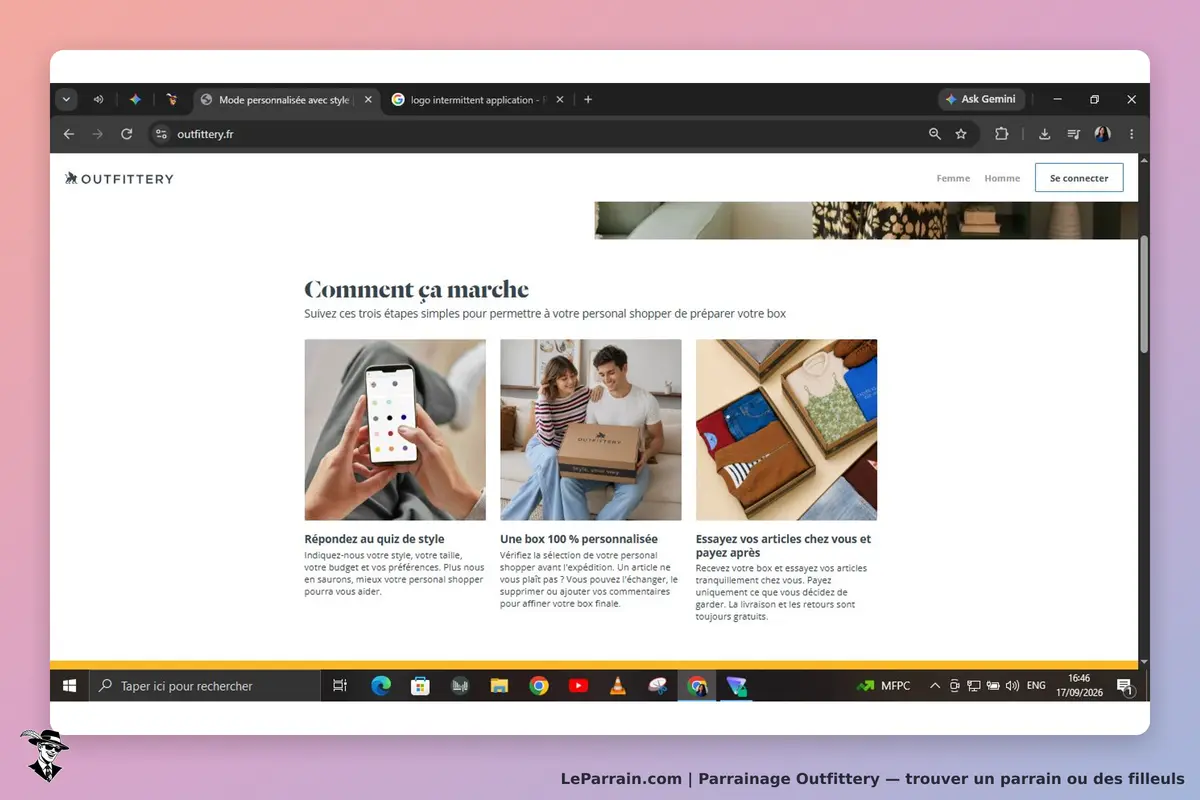 Outfittery : page d'accueil présentant les étapes pour personnaliser une box de vêtements