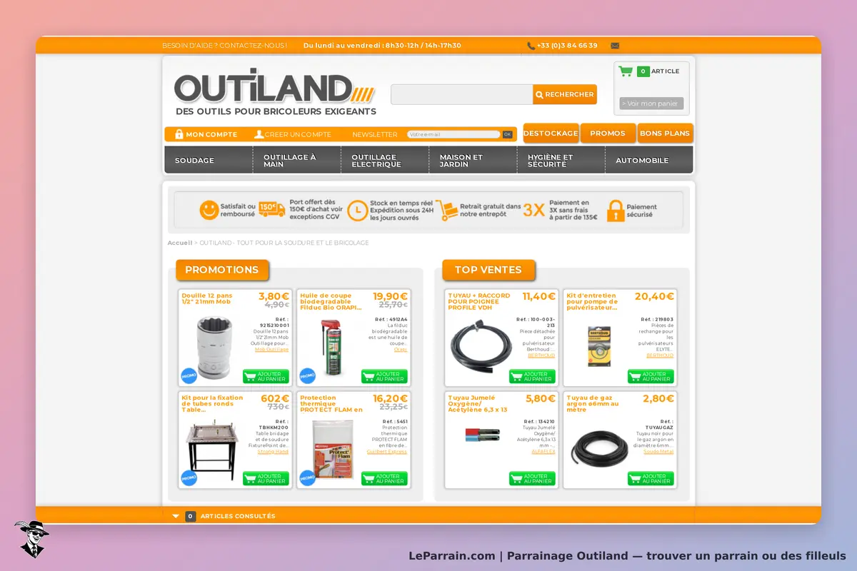 Outiland : page d'accueil avec promotions et top ventes d'outils pour bricoleurs exigeants