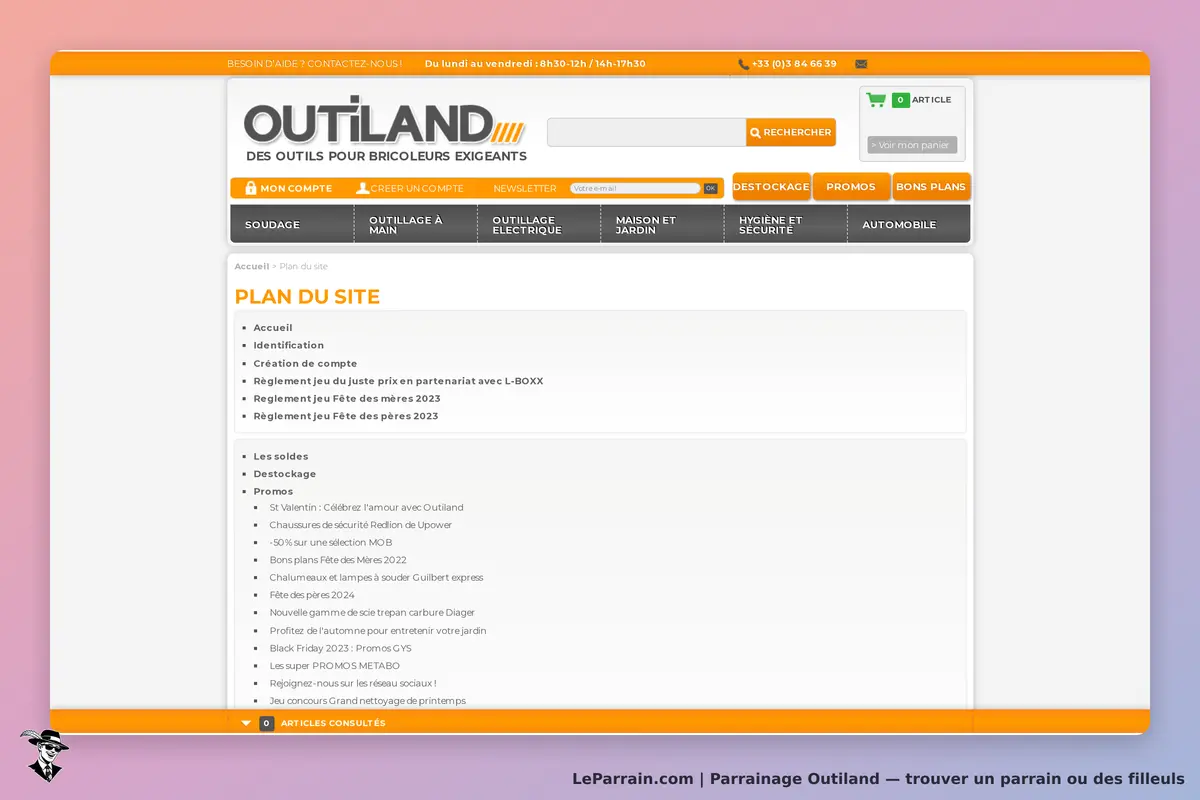 Outiland : plan du site avec des liens vers différentes sections et promotions affichées