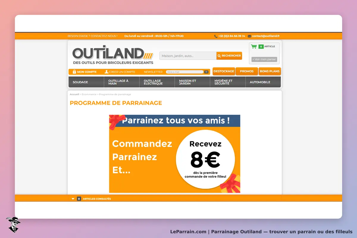 Outiland : page sur le programme de parrainage avec un visuel attractif et des instructions