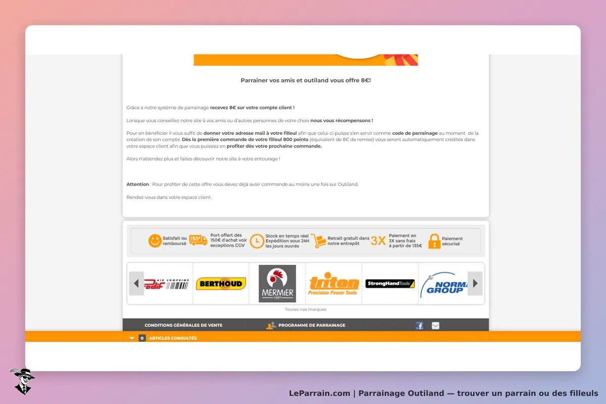 Outiland : page d'accueil avec informations sur le parrainage et logos de marques partenaires