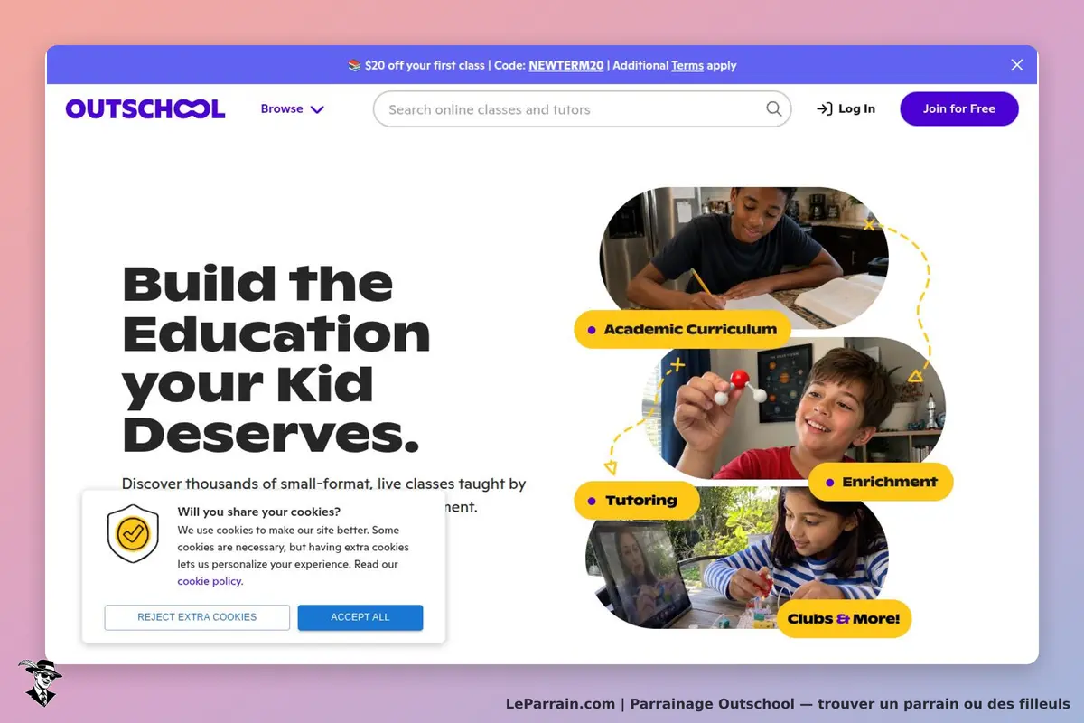 Outschool : page d'accueil présentant des classes en ligne pour enfants avec images d'activités