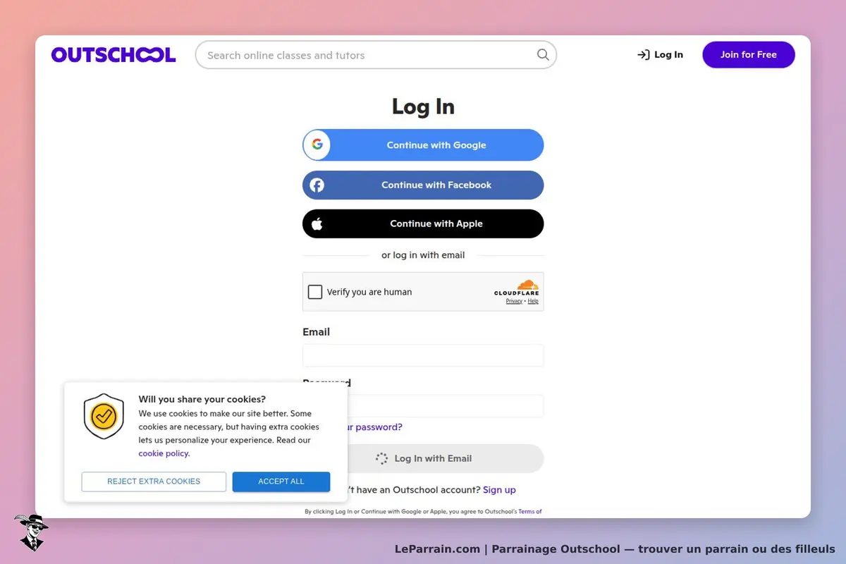 Outschool : page de connexion avec options d'accès et formulaire d'identification