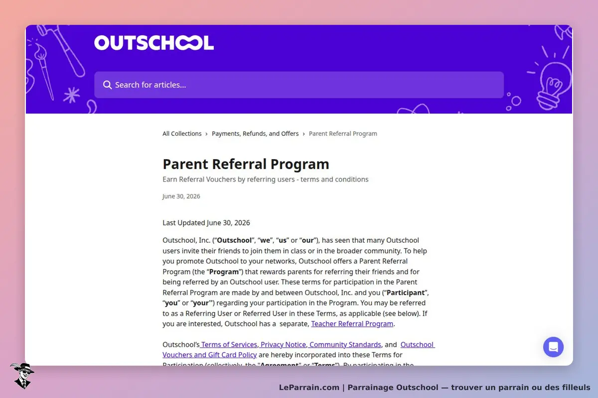 Outschool : page du programme de parrainage avec conditions et informations légales