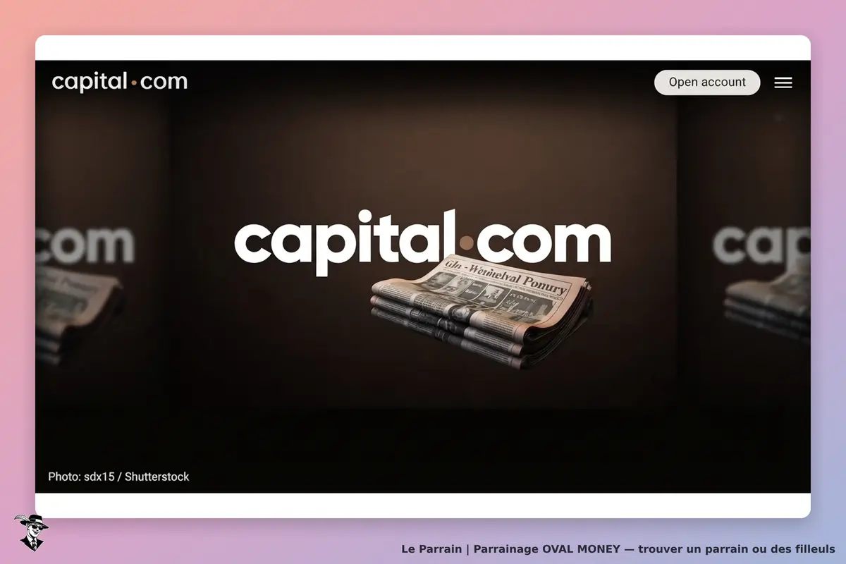 OVAL MONEY : capital.com : logo et nom de la plateforme sur fond sombre avec des billets en