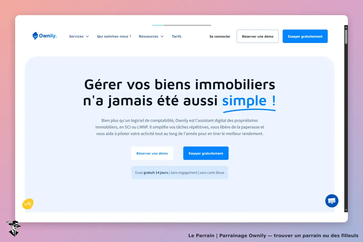 Ownily : page d'accueil présentant un logiciel de gestion immobilière avec boutons d'action