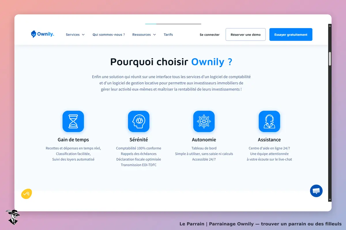 Ownily : page d'accueil présentant les avantages du service avec icônes et descriptions